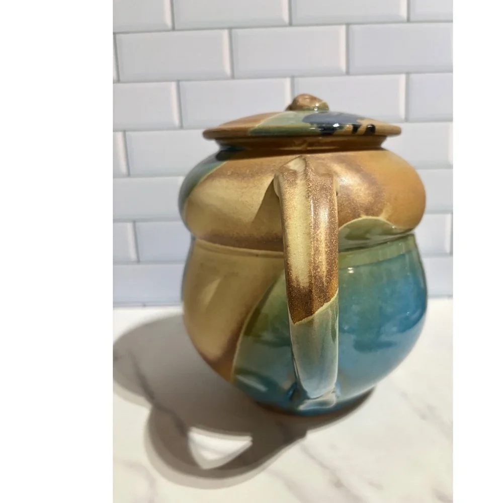 Studio Pottery Hand Thrown Teapot Blue Earth Tone Drip Glaze Signed Artisan Tea